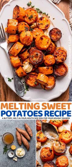 the cover of melting sweet potatoes recipe is shown in three different pictures, and there are other side dishes