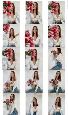 the woman is posing with flowers in her hands