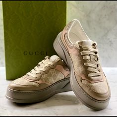 Gucci Gg Supreme Sneaker - New, Full Set (With Box, Dust Bags, Extra Laces) - Size: 40 (Us 10) - Color: Tan, Taupe, Light Pink - Beige/ White Gg Supreme Canvas - Oatmeal/ Light Pink Leather Trim - Rubber Sole - Purchased At Gucci Bal Harbour Shops Gucci Pink Sneakers With Rubber Sole, Pink Leather Gucci Sneakers, Gucci Designer Pink Sneakers, Luxury Gucci Beige Sneakers, Luxury Beige Gucci Sneakers, Gucci Custom Lace-up Sneakers With Logo Print, Gucci Ace Sneakers, Pink Gucci Bag With Gold-tone Hardware, Striped Sneakers