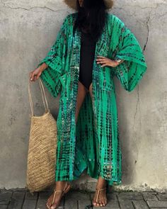 Long Kimono Outfit Dressy, Long Kimono Outfit, Boho Robes, Beach Blouse, Lace Print, Mini Robes, Long Kimono, Style Cardigan