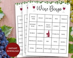 two wine themed printables with grapes and leaves on the table next to them