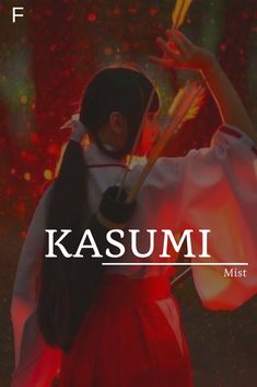 a girl in a red dress is holding an umbrella and the words kasumi are above her head