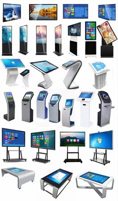 an assortment of electronic devices displayed in various positions and sizes, all with screens on them