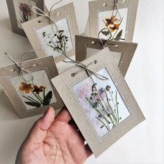 hand holding four small cards with flowers on them and string tied to the tags that are attached