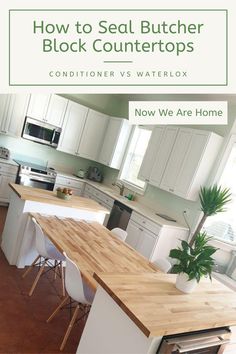 a kitchen with white cabinets and wooden counter tops in front of a window that reads how to seal butcher block counters