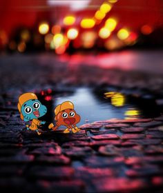 two little cartoon characters are standing on the ground in front of a puddle at night