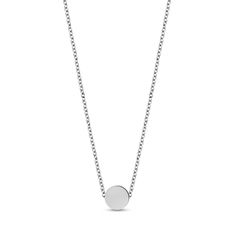 This stainless steel mini round pendant is perfect for those looking for minimal jewelry. Measuring 6mm (0.24") wide and 3mm (0.12") thick, the pendant comes with a 16 inch + 2" extension chain of 1mm thickness. With the option to engrave an initial on each side, this petite pendant is great for layering and makes for a thoughtful gift. Classic Stainless Steel Necklace With Polished Finish, Minimalist White Gold Stainless Steel Jewelry, Minimalist Personalized Stainless Steel Necklace, White Gold Stainless Steel Round Pendant Jewelry, White Gold Stainless Steel Round Pendant, Modern Stainless Steel Round Pendant Necklace, Minimalist Nickel-free Round Disc Charm Necklace, Stainless Steel Necklace With Round Pendant And Adjustable Chain, Stainless Steel Necklace With Adjustable Chain And Round Pendant