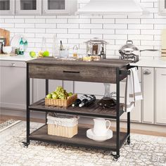 a kitchen island cart with wine bottles on it