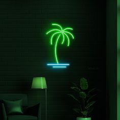 a green palm tree neon sign on a brick wall next to a chair and lamp