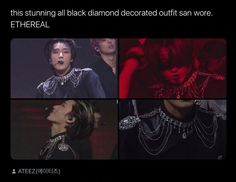 four different images of the same person in black clothing with chains on their neck and chest