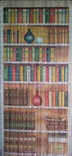 an image of a book shelf with many books on it and a vase in the middle