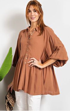 Button front shirt tunic top Casual Shirt Dress With Button Cuffs, Versatile Long Sleeve Buttoned Tops, Versatile Long Sleeve Tops With Buttons, Chic Cotton Tunic With Short Sleeves, Chic Short Sleeve Cotton Tunic, Collared Rayon Tops For Spring, Chic Brown Tops For Daywear, Spring Rayon Tunic Top, Chic Collared Rayon Tops