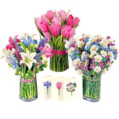 three vases filled with different types of flowers