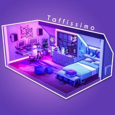 a purple room with a bed, desk and chair next to a window that reads taffissimo