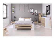 a bed room with a neatly made bed and two nightstands next to each other