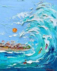 a painting of people surfing in the ocean on a sunny day with houses and beach