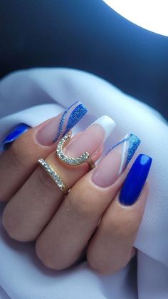 Blue Prom Nails, Quince Nails, Blue And Silver Nails, Quinceanera Nails, Silver Nail Designs, Royal Blue Nails, Purple Acrylic Nails, Wow Nails, Formal Nails