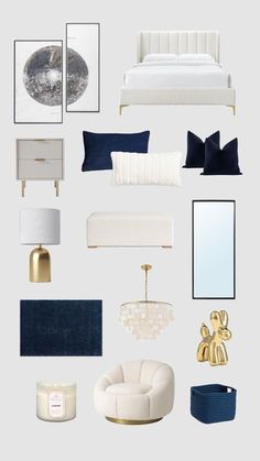 a collage of blue and white bedroom decor