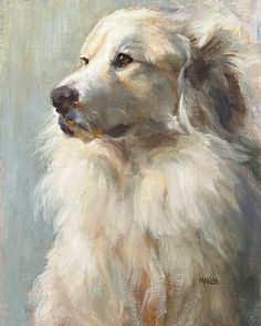 an oil painting of a white dog with brown eyes and long, fluffy fur on it's head