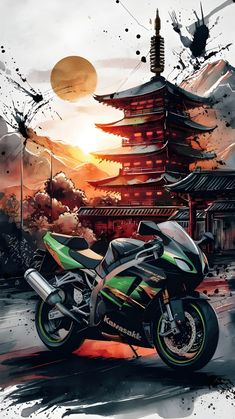 a painting of a motorcycle parked in front of a pagoda with the sun setting behind it