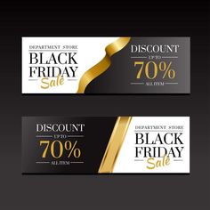 two black friday sale banners with gold ribbons and discount tags on the front, side and back