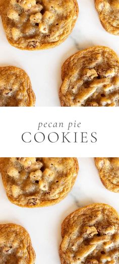 several cookies with the words pecan pie cookies above them