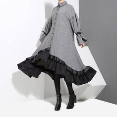 Elegant Patchwork Thick Warm Ruffled Long Sleeve Midi Gray Shirt Dress Mermaid Clothes, Layered Ruffle Dress, Loose Midi Dress, Grey Shirt Dress, Party Costumes, Stella Marina, Dress Birthday, England Style, Gray Shirt