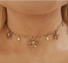 Zinc alloy Gold Alloy Charm Choker Necklace, Gold Alloy Choker Charm Necklace, Gold Alloy Choker As A Gift, Cherub Necklace, Angel Lovers, Space Necklace, Gothic Angel, Mini Gold, Gorgeous Necklaces