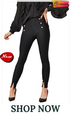 Black Buttons Skinny Pants with Slits Trendy Split Bottoms For Party, Trendy Party Bottoms With Split Design, Trendy Party Bottoms With Split, Stretch Party Bottoms With Split Hem, Trendy Black Split Bottoms, Chic Black Bottoms With Split Hem, Trendy Black Bottoms With Split Design, Elegant Black Bottoms With Split Hem, Stretch Bottoms With Split Hem