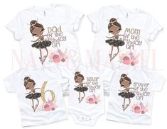 "Customized Adorable Faux Glitter Brown Skin African American Ballerina Birthday T-shirt for Kids, Birthday Party Guests and Family  Featuring Little Girl in a Black Tutu with  Ballet Slippers & Age of Your Choice with Ombre Lettering  For the Birthday Girl, her Age and Name are Added Examples For GUESTS (no age added): Mom of the Birthday Girl Dad of the Birthday Girl The Birthday Squad, etc  Just add any CUSTOMIZATION for other Family Members and Loved ones a checkout Super Soft, Premium Ring- Stretch T-shirt With Letter Print For Party, Fitted Short Sleeve Tops For Birthday, White Stretch T-shirt For Party, Customizable Short Sleeve Top For Party, Customizable White Party Tops, White Glitter Print Tops For Party, Fitted Party T-shirt With Custom Print, Fitted White Top For Birthday, Fitted Letter Print Tops For Birthday