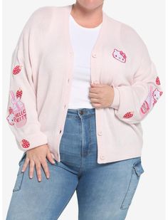 Hello Kitty Strawberry Milk Skimmer Cardigan Plus Size Hello Kitty Strawberry, Plus Size Hot, Cardigan Plus Size, Space Outfit, Her Universe, Run It, Girls Cardigan, Strawberry Milk, Plus Size Fits