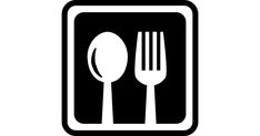 a black and white sign with two forks and spoons on it's side