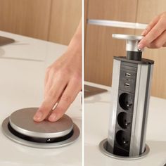 two pictures of a person pressing buttons on a button pad and using a hand held device to push the button