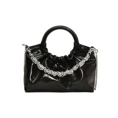 a black handbag with chains hanging from it's handle and chain handles on the front