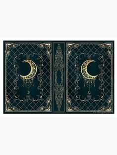 two panels with the moon and stars on them in gold, black and green colors