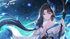 an anime character with long black hair and blue eyes holding a staff in her hand