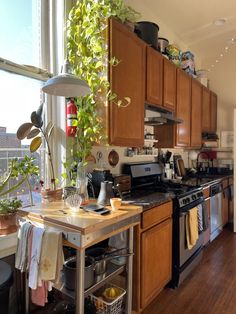 a kitchen filled with lots of wooden cabinets and counter top space next to a window