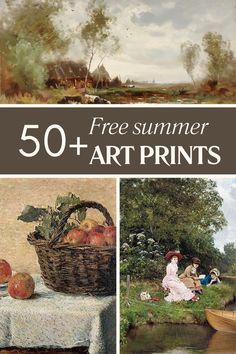 the cover of 50 free summer art prints with pictures of people in boats and trees