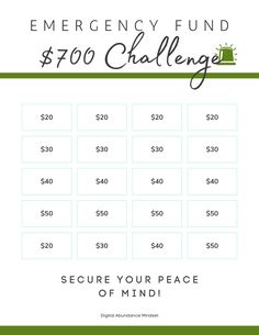 the emergency fund $ 700 challenge is shown in green and white with text that reads, secure your peace of mind