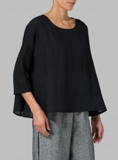 Linen Dropped Shoulder Long Top Spring Boxy Workwear Tops, Spring Boxy Tops For Workwear, Relaxed Black Tops For Spring, Black Relaxed Tops For Spring, Black Boxy Top For Spring, Chic Relaxed Fit Tops For Loungewear, Chic Boxy Fit Tops For Fall, Chic Boxy Top For Fall, Boxy Fit Top For Summer Workwear