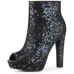 These glitter boots have a peep toe, a chunky heel, and a zipper closure. The shining glitter upper part gives these boots a fashion feel, and the heels are perfect for a night out on the town. The open design provides breezy comfort for your feet. With the moderate heel height, the heels make you feel more comfortable. Team them with your favorite dress and colorful accessories for a glamorous party look this season. Great for your mother, girlfriend, sister, or friend as a gift. High Heel Platform Boots With Zipper For Party, Party High Heel Platform Boots With Zipper Closure, Party Platform Boots With Zipper Closure And High Heel, Party Ankle Boot Heels With Zipper Closure, Party Open Toe Boots With Zipper Closure, Party Heeled Boots With Zipper Closure, Glamorous Open Toe Heels For Winter, Glamorous Winter Platform Boots, Trendy Glitter Boots For Party