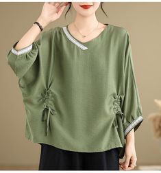 Women Retro V-Neck Drawstring Loose T-Shirt Green Bohemian T-shirt For Summer, Oversized V-neck Top In Solid Color, Green Oversized Short Sleeve Tops, Oversized Green Tops With 3/4 Sleeves, Green Drop Shoulder Cotton T-shirt, Vest Shirt, Short Jumpsuit, Dolman Sleeve, Green Fashion