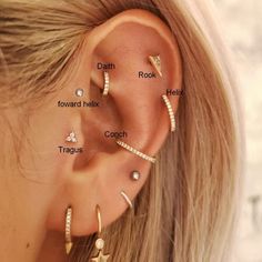 an ear with different types of piercings