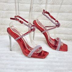 Red Metallic Upper Gorgeous Cushioned Sparkling Rhinestone Straps 5" Clear Stiletto Heels Squared Open Toe Design New Us Women's Sizes True True To Cape Robbin Sizes Capes For Women, High Heels Stilettos, Toe Designs, High Heel Sandals, Shoes Women Heels, Stiletto Heels, Open Toe, Sandals Heels, Cape