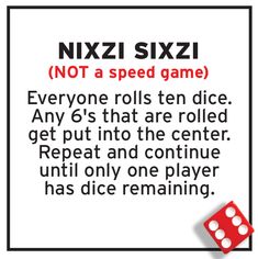 a red dice sitting on top of a white sign that says, nizi sizzi not a speed game