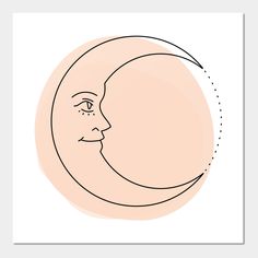 a drawing of a crescent moon with a face in the center and dotted lines around it