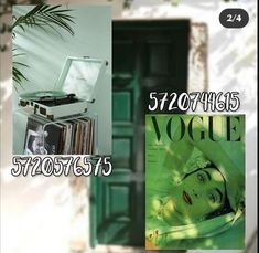 an advertisement for a record player in front of a green door