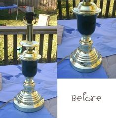 before and after photos of a blue candle holder on a table with the bottom turned down