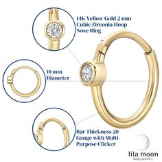 This versatile 14k gold Lila Moon clicker earring sports an eye-catching cubic zirconia stone to add a little sparkle to any ensemble. This versatile 14k gold Lila Moon clicker earring sports an eye-catching cubic zirconia stone to add a little sparkle to any ensemble. Length: 10 mm Nickel free Metal: 14k gold Finish: polished Packaging: pouchSTONE DETAILS Stone type: cubic zirconia Total weight: less than 1/10 ct. Shape: round Setting: bezel Gemstones may have been treated to enhance their appe Hypoallergenic 14k Gold Diamond White Jewelry, Hypoallergenic Yellow Gold Round Diamond Earrings, Gold Cubic Zirconia Halo Diamond Earrings, Gold Diamond Hoop Earrings With Bezel Setting, 14k Gold Huggie Jewelry With Bezel Setting, Gold Huggie Jewelry With Single Diamond, Hypoallergenic Round Diamond Earrings In 14k Gold, Gold Hoop Earrings With Single Diamond, Gold Huggie Diamond Earrings With Halo