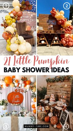 pumpkin baby shower party with balloons and decorations